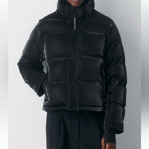 TNA Glossy Black Cropped Puffer Jacket